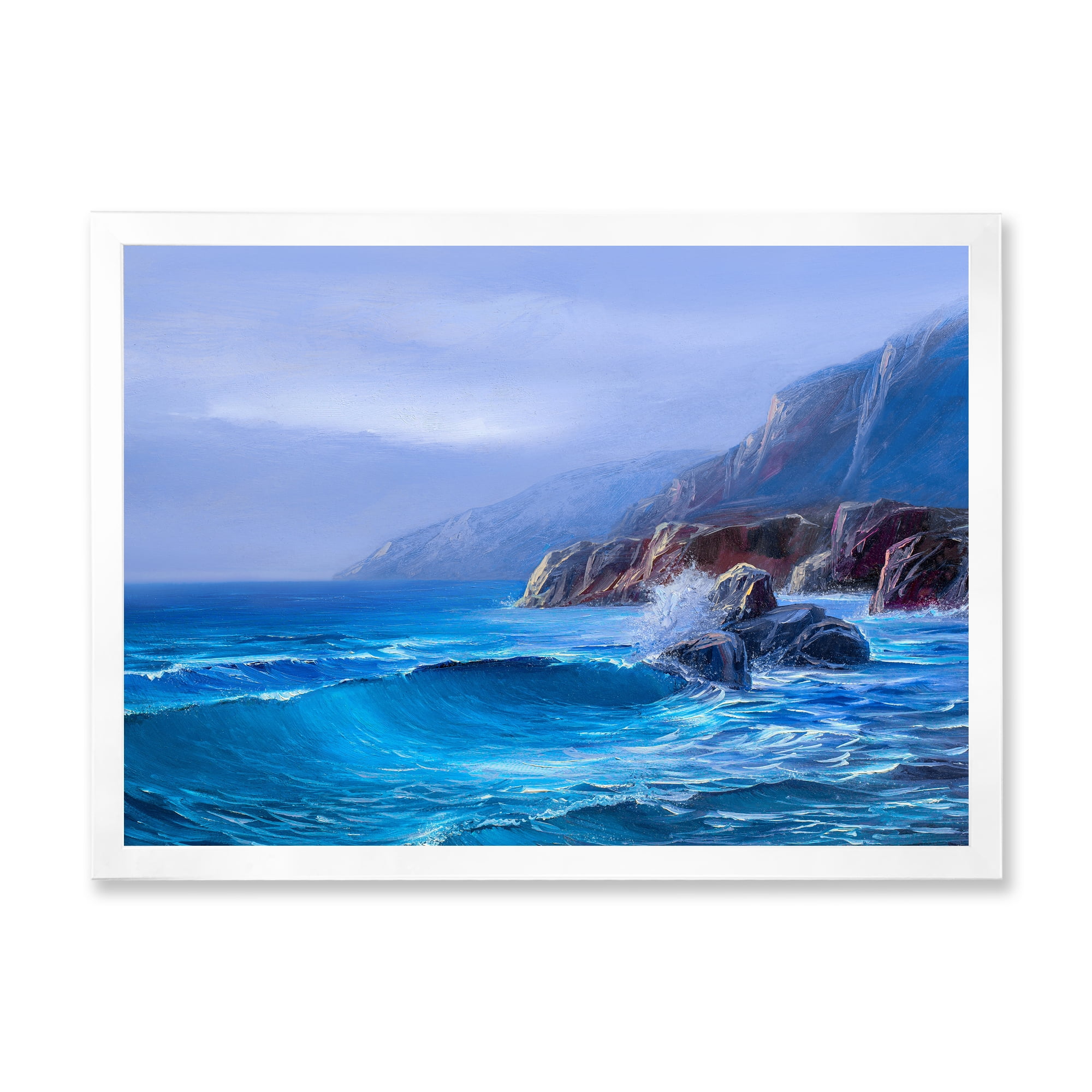 Sunrise Glow On Sea Wave Paints On A Canvas 32 in x 24 in Framed Painting Canvas Art Print, by Designart