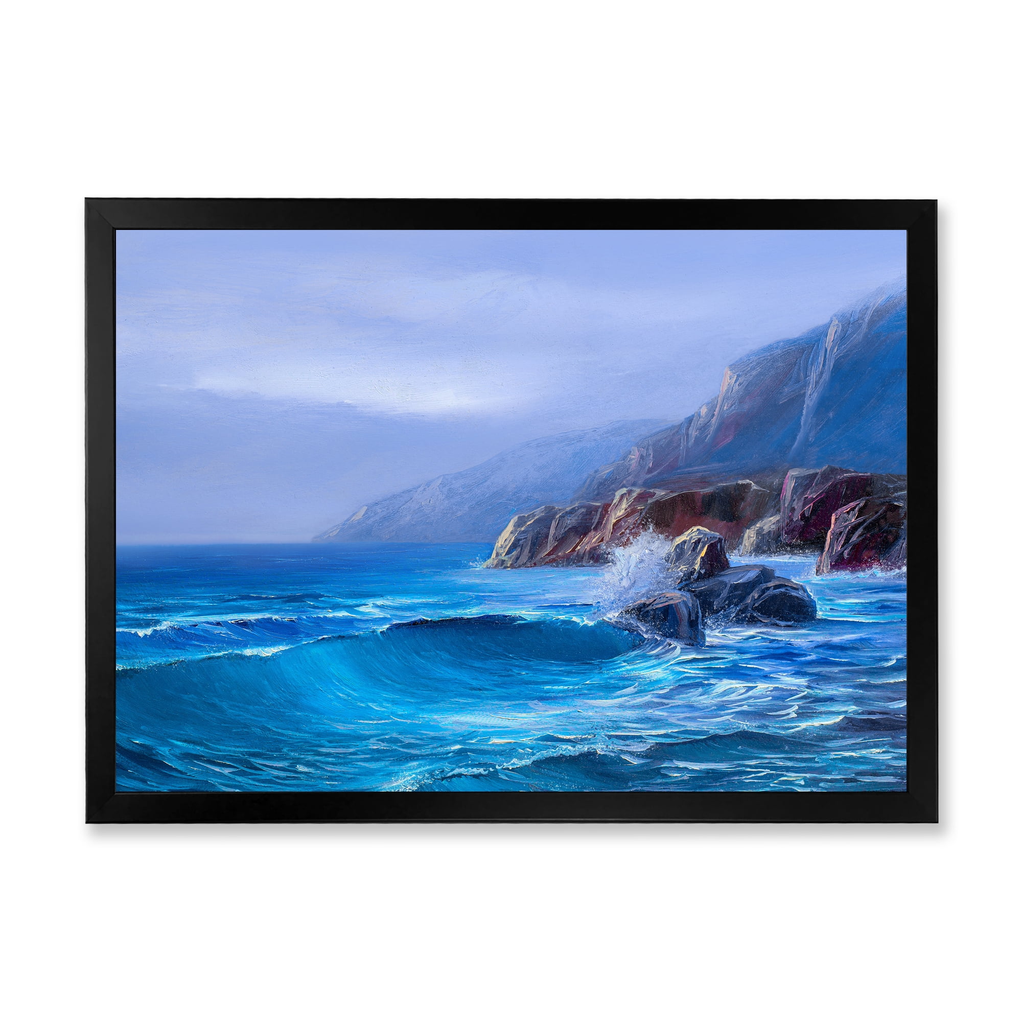 Sunrise Glow On Sea Wave Paints On A Canvas 32 in x 24 in Framed Painting Canvas Art Print, by Designart