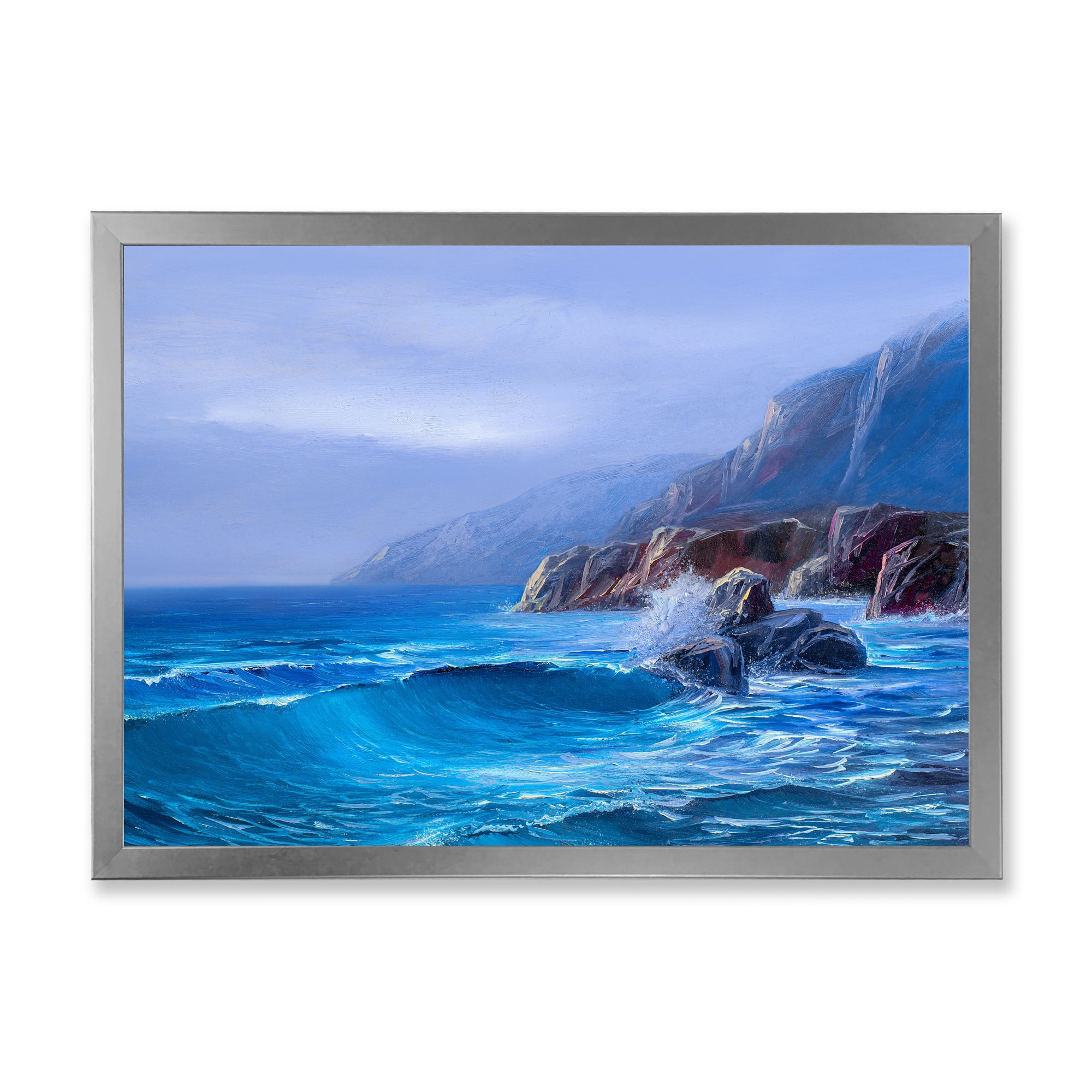 Sunrise Glow On Sea Wave Paints On A Canvas 32 in x 24 in Framed Painting Canvas Art Print, by Designart