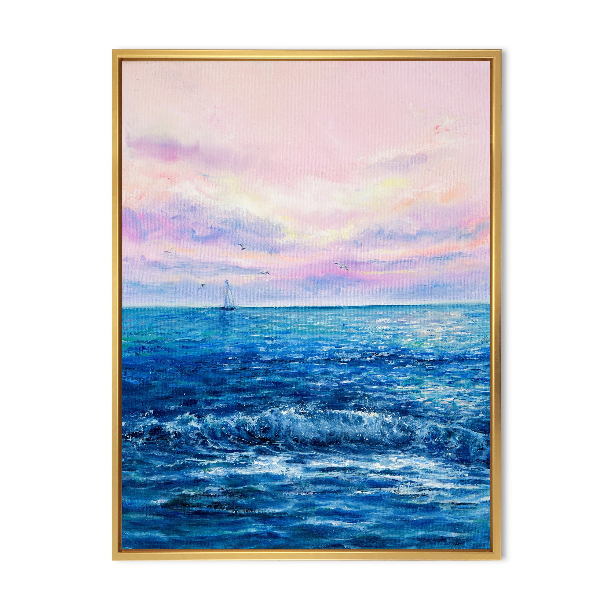 Sunrise Glow On The Ocean Waves II 12 in x 20 in Framed Painting Canvas Art Print, by Designart