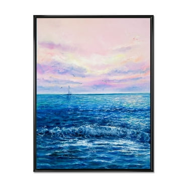 Sunrise Glow On The Ocean Waves II 12 in x 20 in Framed Painting Canvas Art Print, by Designart
