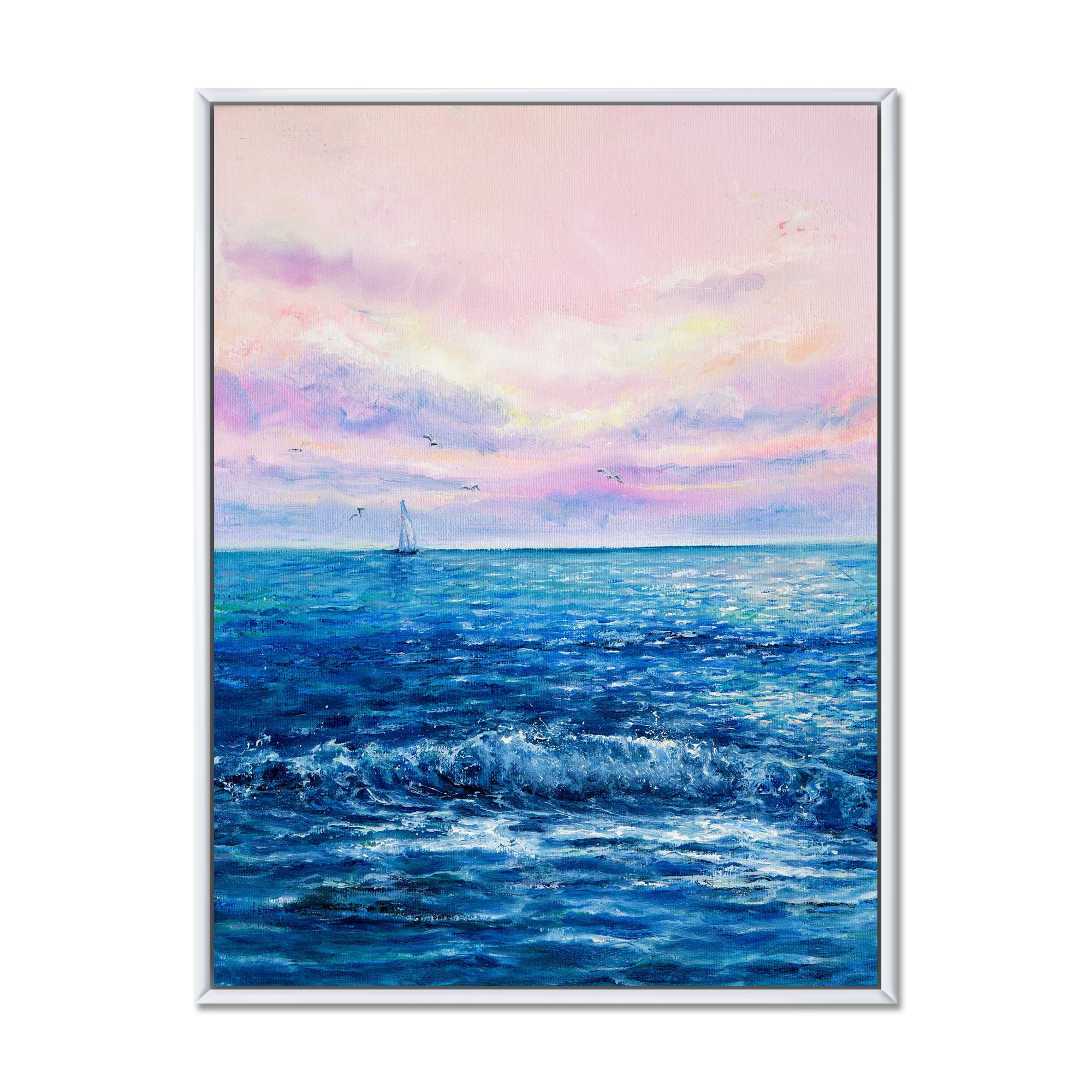 Sunrise Glow On The Ocean Waves II 24 in x 32 in Framed Painting Canvas Art Print, by Designart