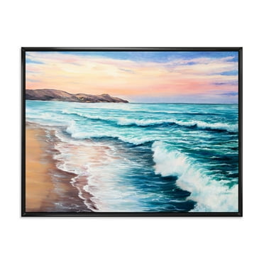 Sunrise Glow On The Ocean Waves III 20 in x 12 in Framed Photography Canvas Art Print, by Designart