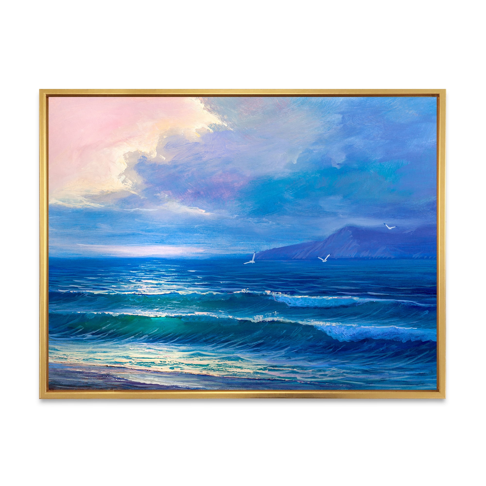 Sunrise Glow On The Sea Waves I 32 in x 16 in Framed Painting Canvas Art Print, by Designart