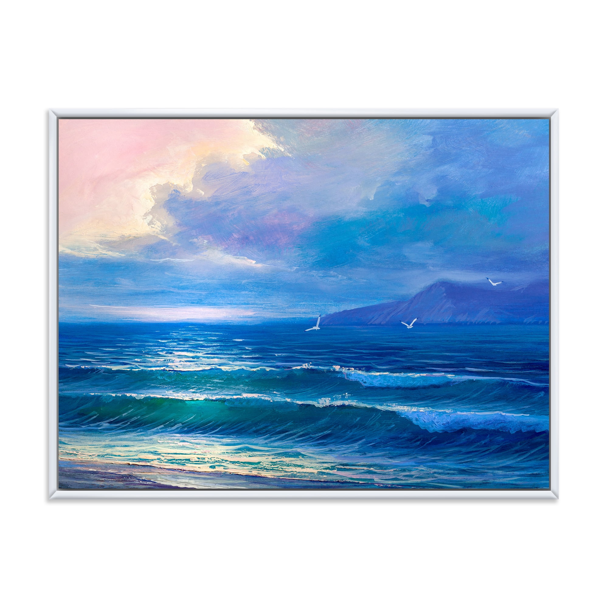 Sunrise Glow On The Sea Waves I 32 in x 16 in Framed Painting Canvas Art Print, by Designart