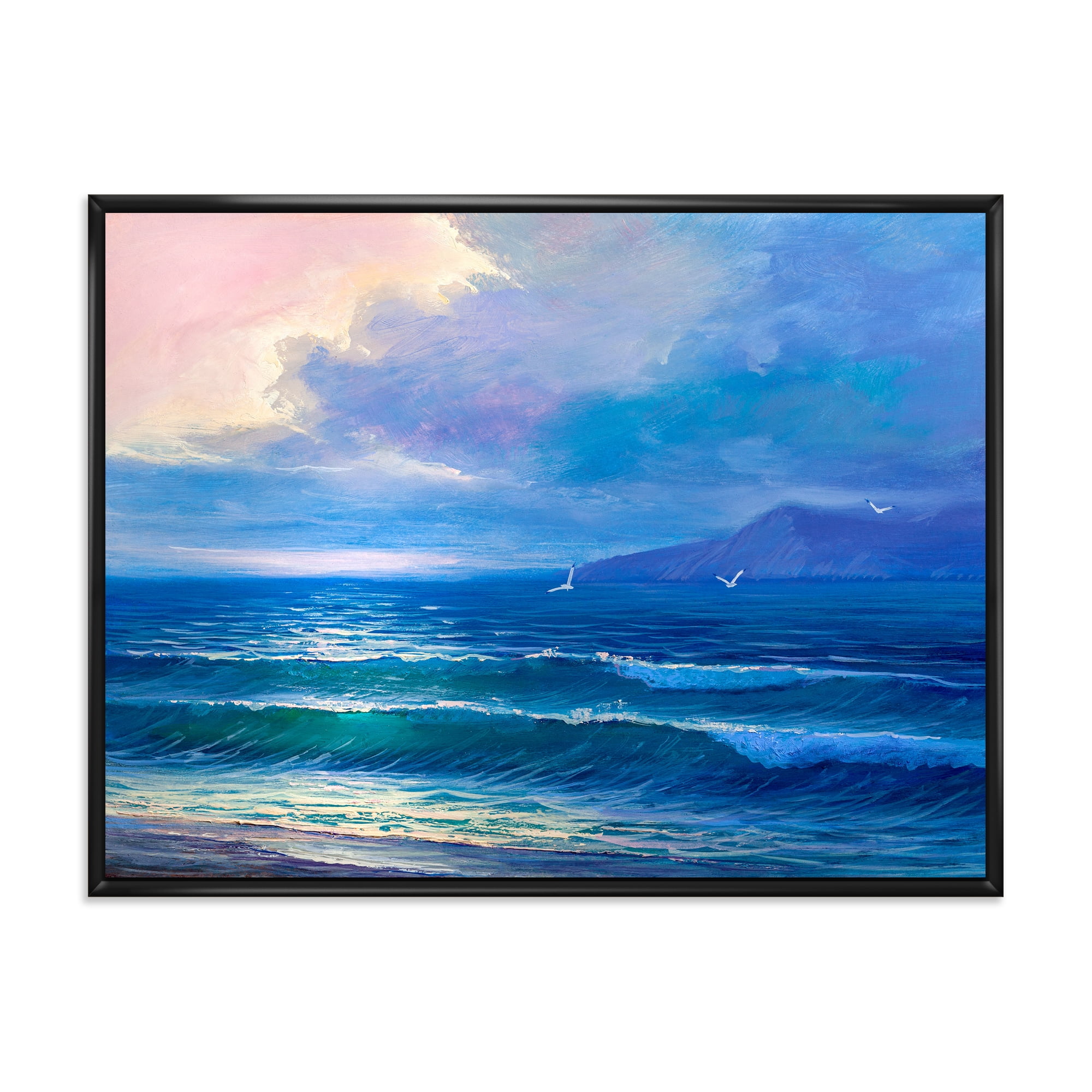 Sunrise Glow On The Sea Waves I 32" x 16" Framed Painting Canvas Art Print, by Designart