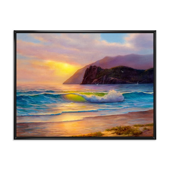 Sunrise Glow On The Sea Waves V 32 in x 24 in Framed Painting Canvas Art Print, by Designart