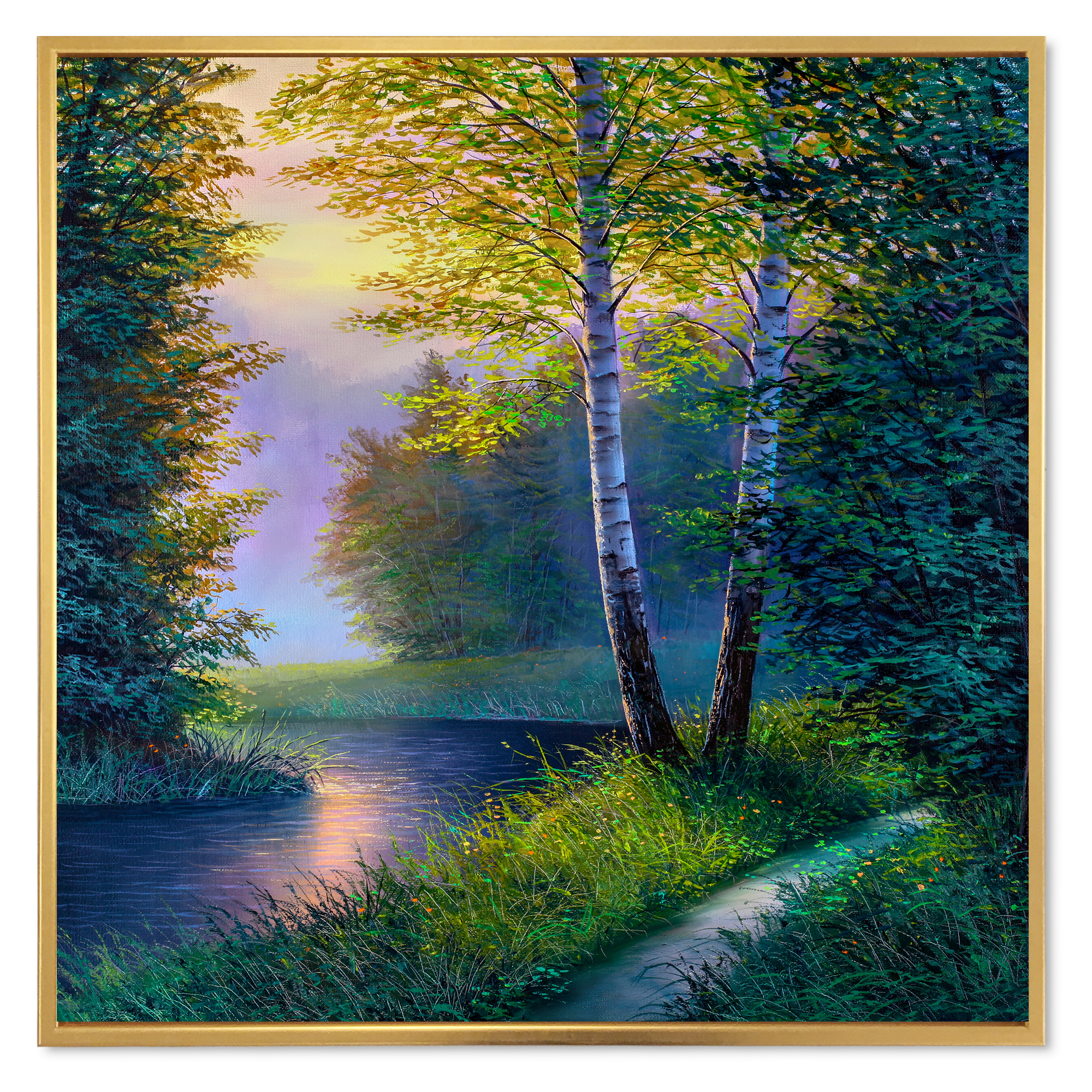 Sunrise Glow Through The Birch Forest 30 in x 30 in Framed Painting Canvas Art Print, by Designart