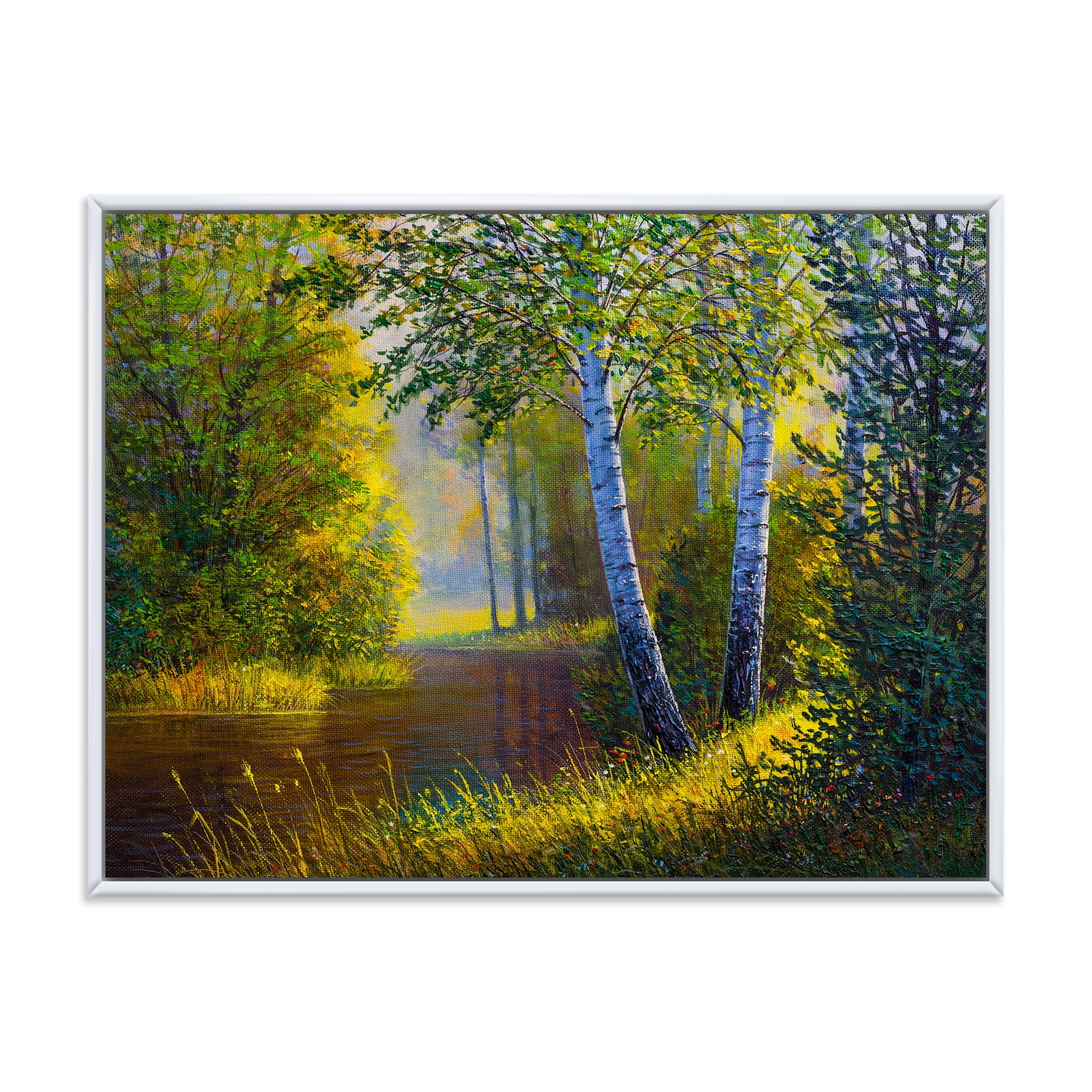 Sunrise Glow Through The Birches II 32 in x 16 in Framed Photography Canvas Art Print, by Designart