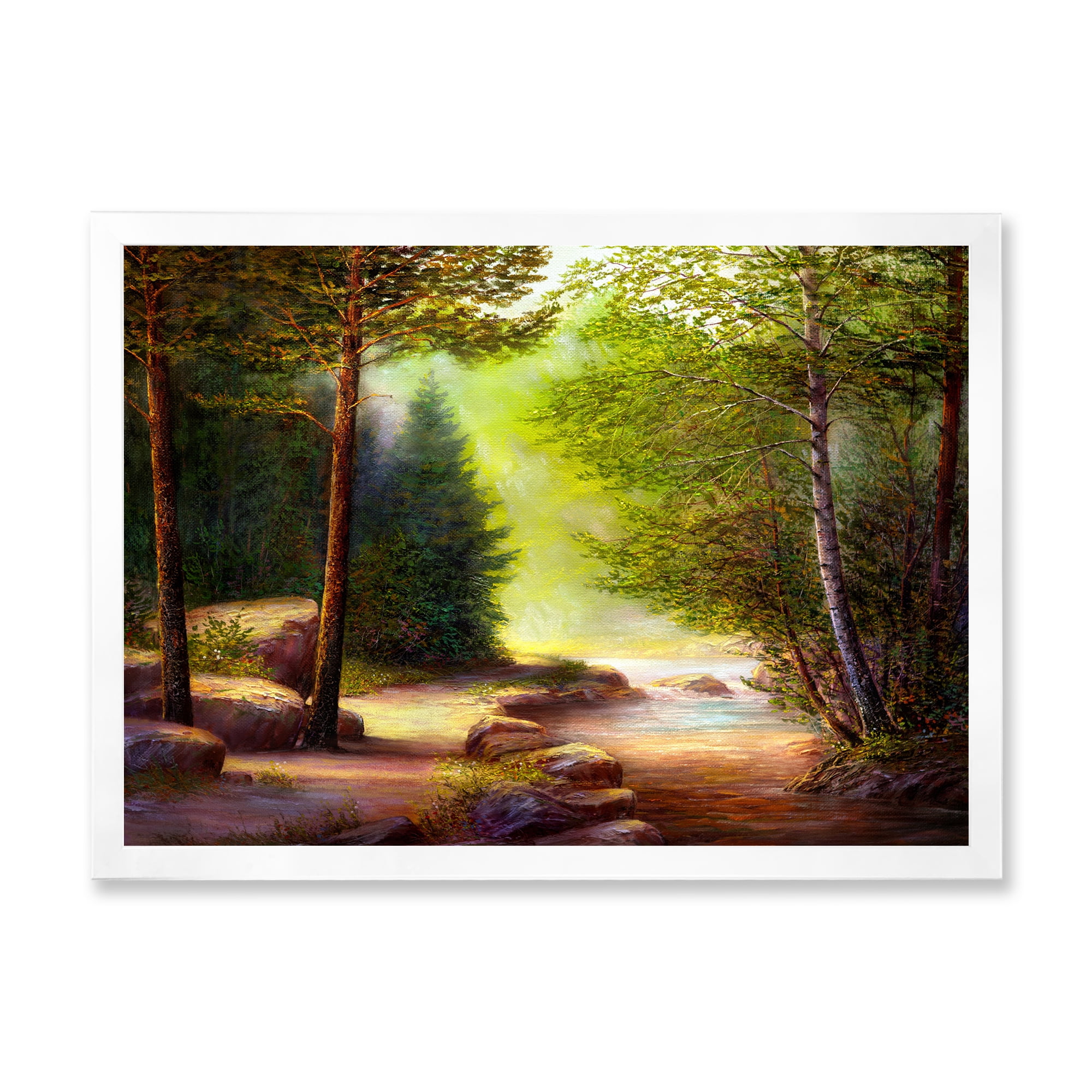Sunrise Glow Through The Spring Trees 32 in x 16 in Framed Painting Canvas Art Print, by Designart