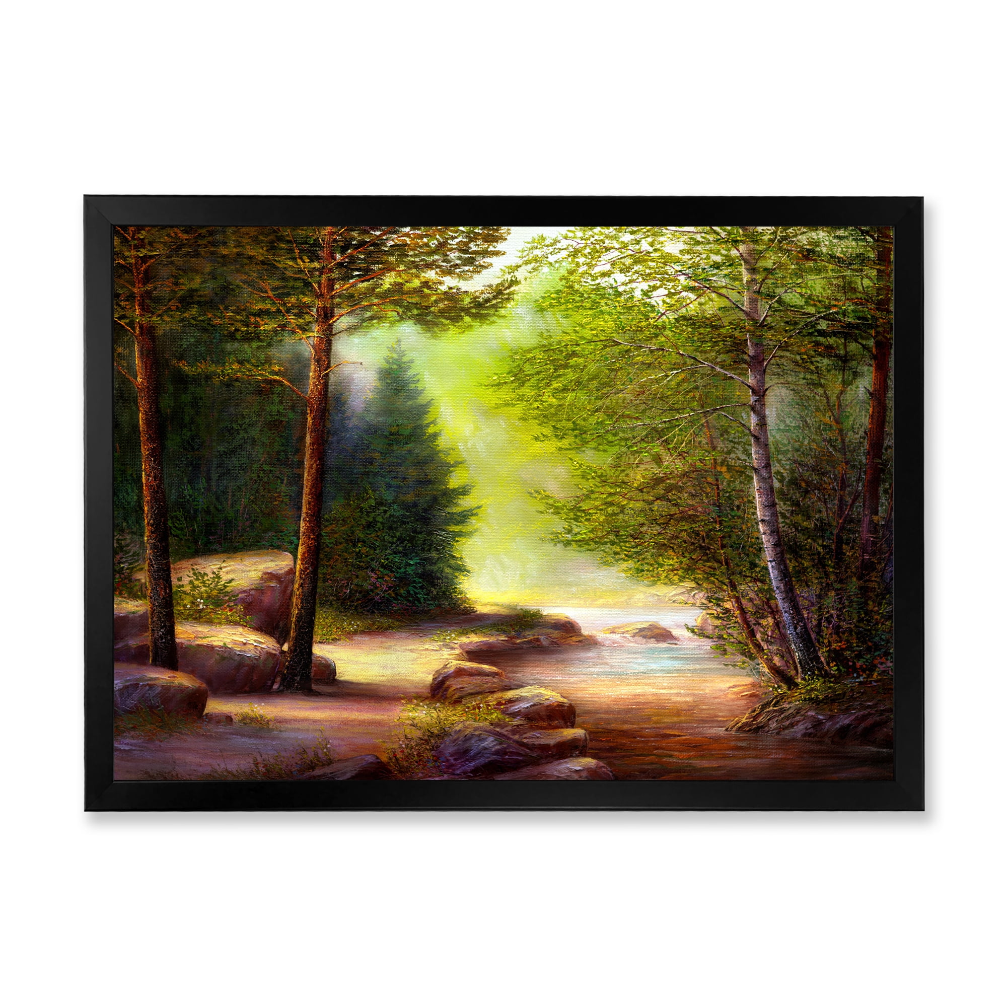 Sunrise Glow Through The Spring Trees 32 in x 24 in Framed Painting Canvas Art Print, by Designart