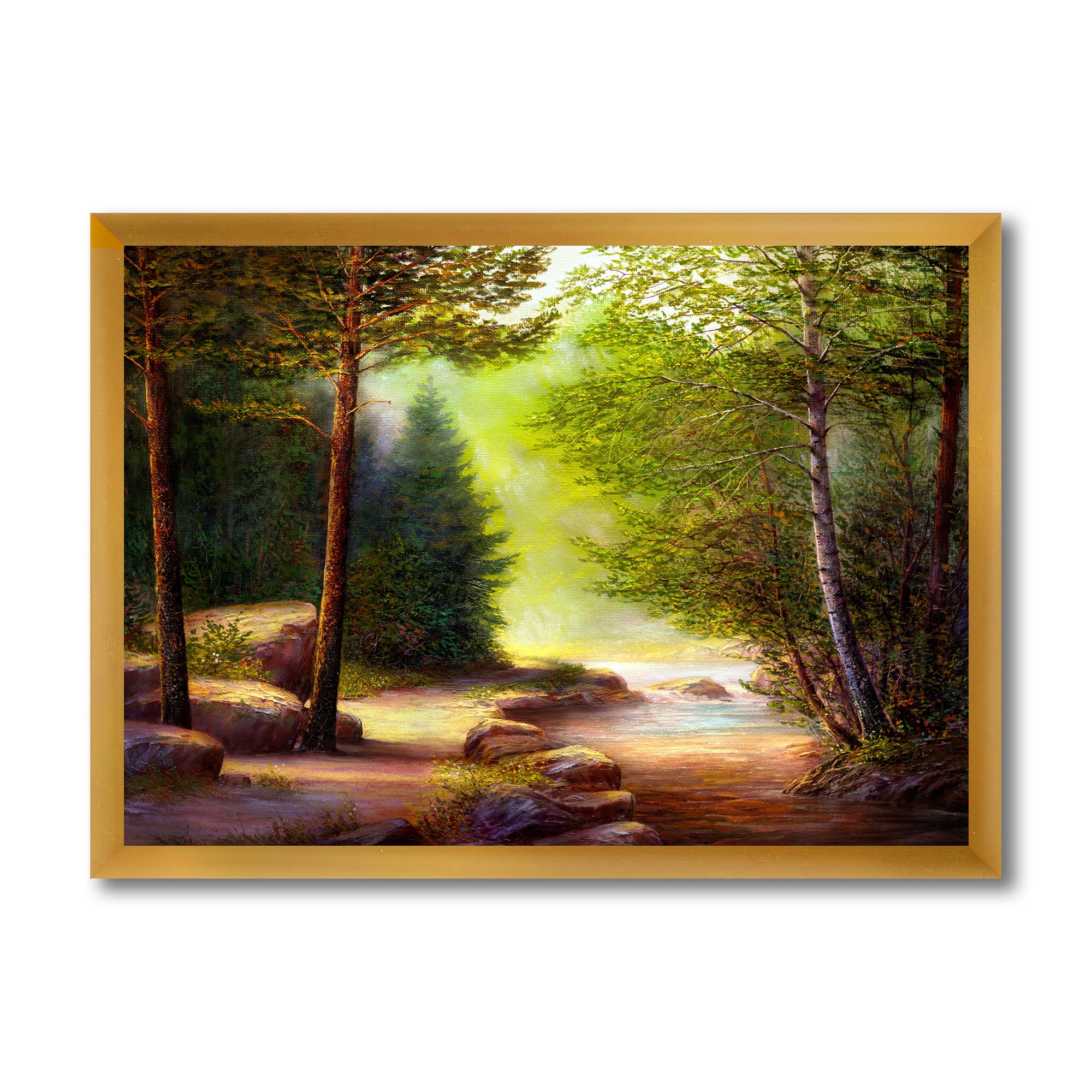 Sunrise Glow Through The Spring Trees 40 in x 30 in Framed Painting Canvas Art Print, by Designart