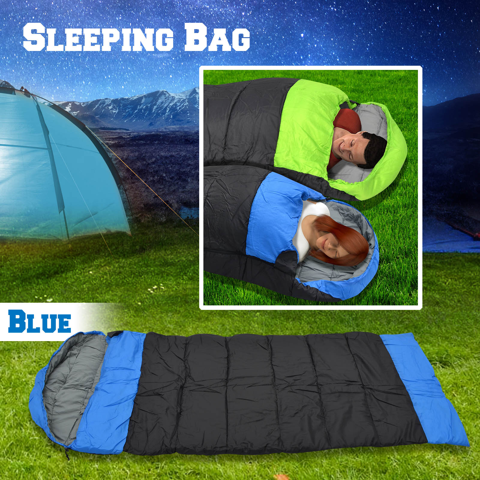 Sunrise Hooded Sleeping Bag Outdoor Camping or Indoor Sleep with Carry Bag(Blue) - image 1 of 9