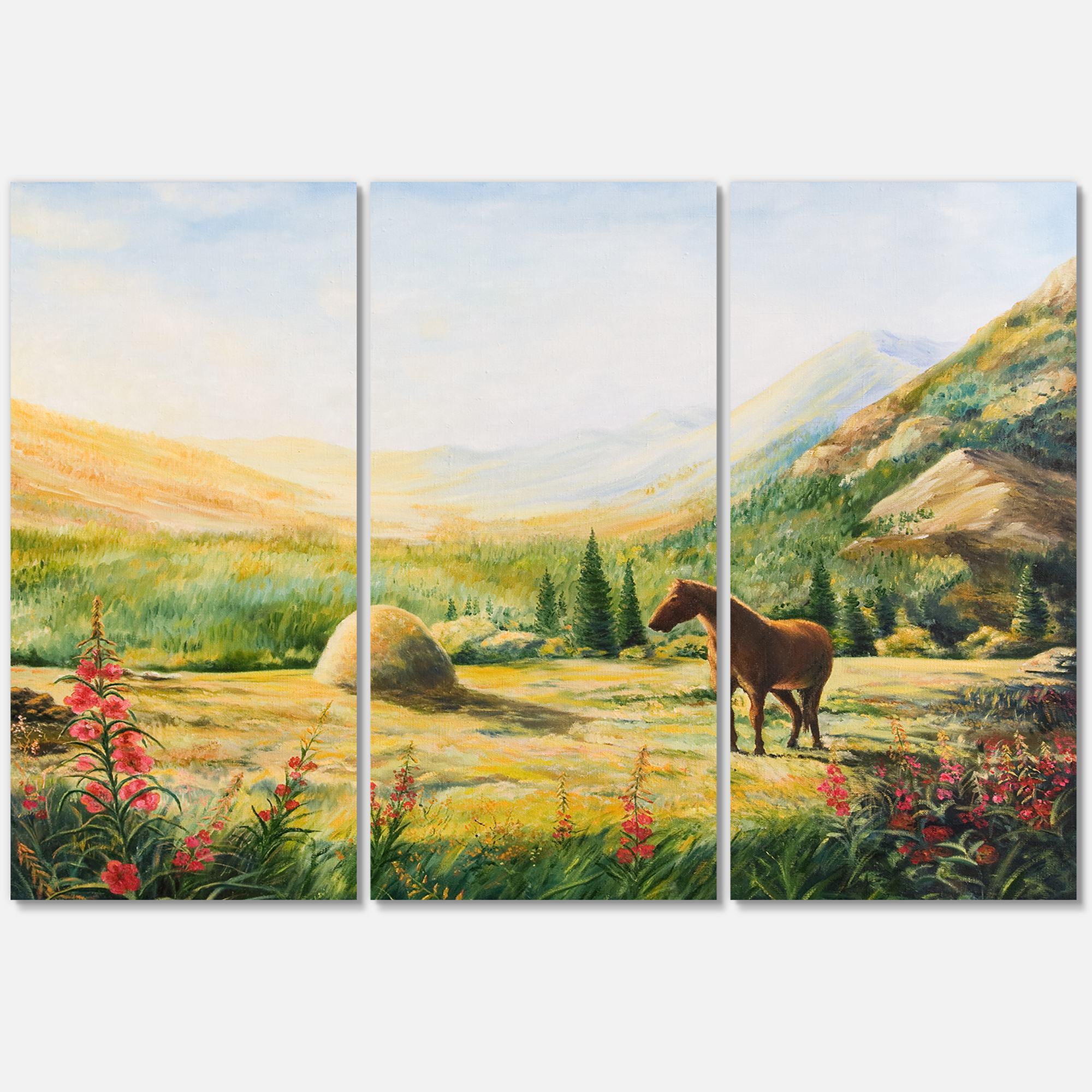 Sunrise In The Mountains With Horse 28 in x 36 in Painting Canvas Art Print, by Designart
