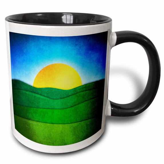 3drose, Sunrise in the Valley - Grunge Style Nature Graphic Design with Sun, 15oz Two-tone Black Mug