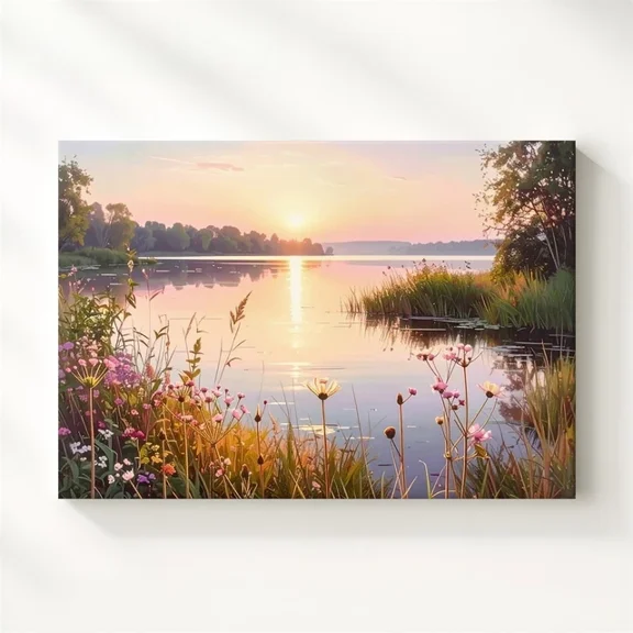 Sunrise Lakeside Wall Art Serene Morning Reflection With Wildflowers & Gift Art Home Decor Office Wall Art