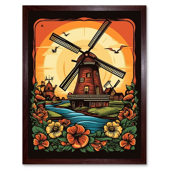 Sunrise Landscape Dutch Windmills and Flowers Rockabilly Americana 50s Art Print Framed Poster Wall Decor 12x16 inch