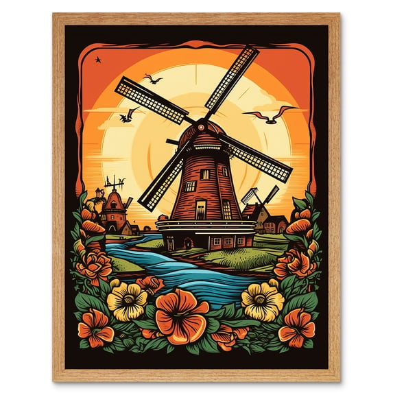 Sunrise Landscape Dutch Windmills and Flowers Rockabilly Americana 50s Art Print Framed Poster Wall Decor 12x16 inch