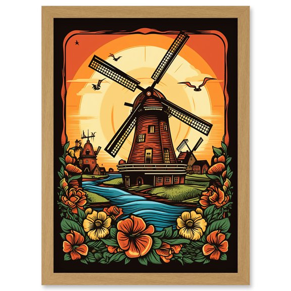Sunrise Landscape Dutch Windmills and Flowers Rockabilly Americana 50s Artwork Framed Wall Art Print A4