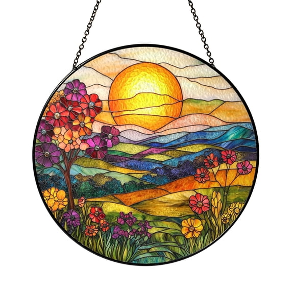 Sunrise Landscape Stained Glass Panel – Vibrant Sunburst Over Fields and Mountains, Nature Scenic Home Window Decor