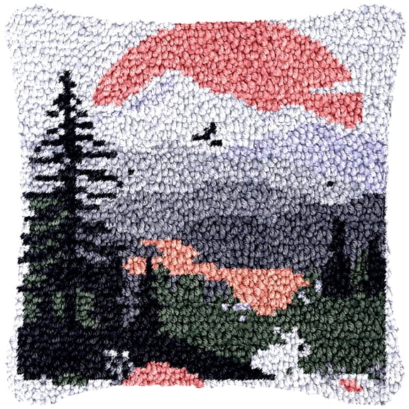 Sunrise Latch Hook Kits Pillow Cover DIY Rug Making Crochet Hook Cushion Making Kits with Preprinted Pattern Canvas DIY Needlework Crochet Kits Sofa Decor 43x43cm