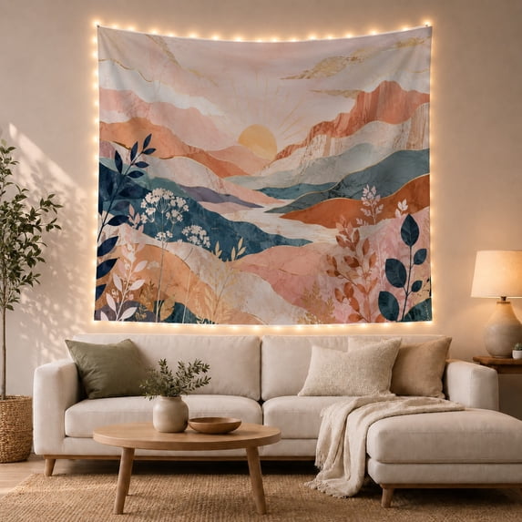 Sunrise Over Layered Mountains with Floral Silhouettes, Serene Boho for Nature Lovers, Abstract Mountain Art, Housewarming Gift Tapestry Wall Hanging for Living Room and Bedroom