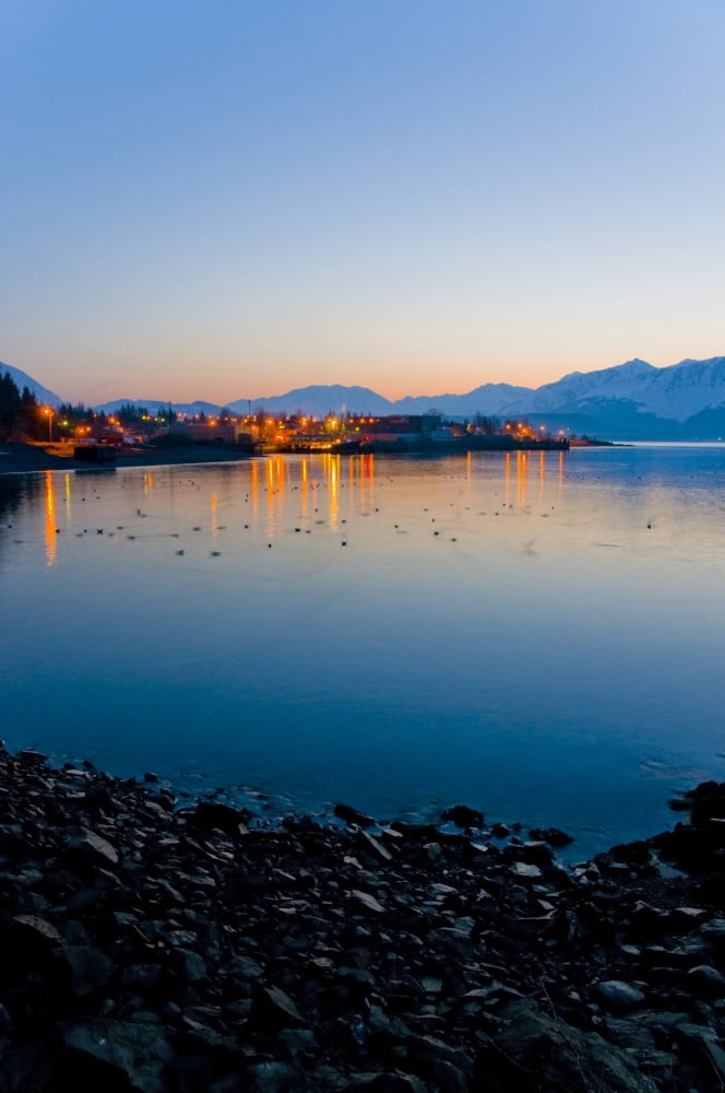 Sunrise Over The Lights Of Seward Alaska And Resurrection Bay With The Kenai Mountains In The Background On Kenai Peninsula In Southcentral Alaska Canvas Art - Bill Scott Design Pics (11 x 17)