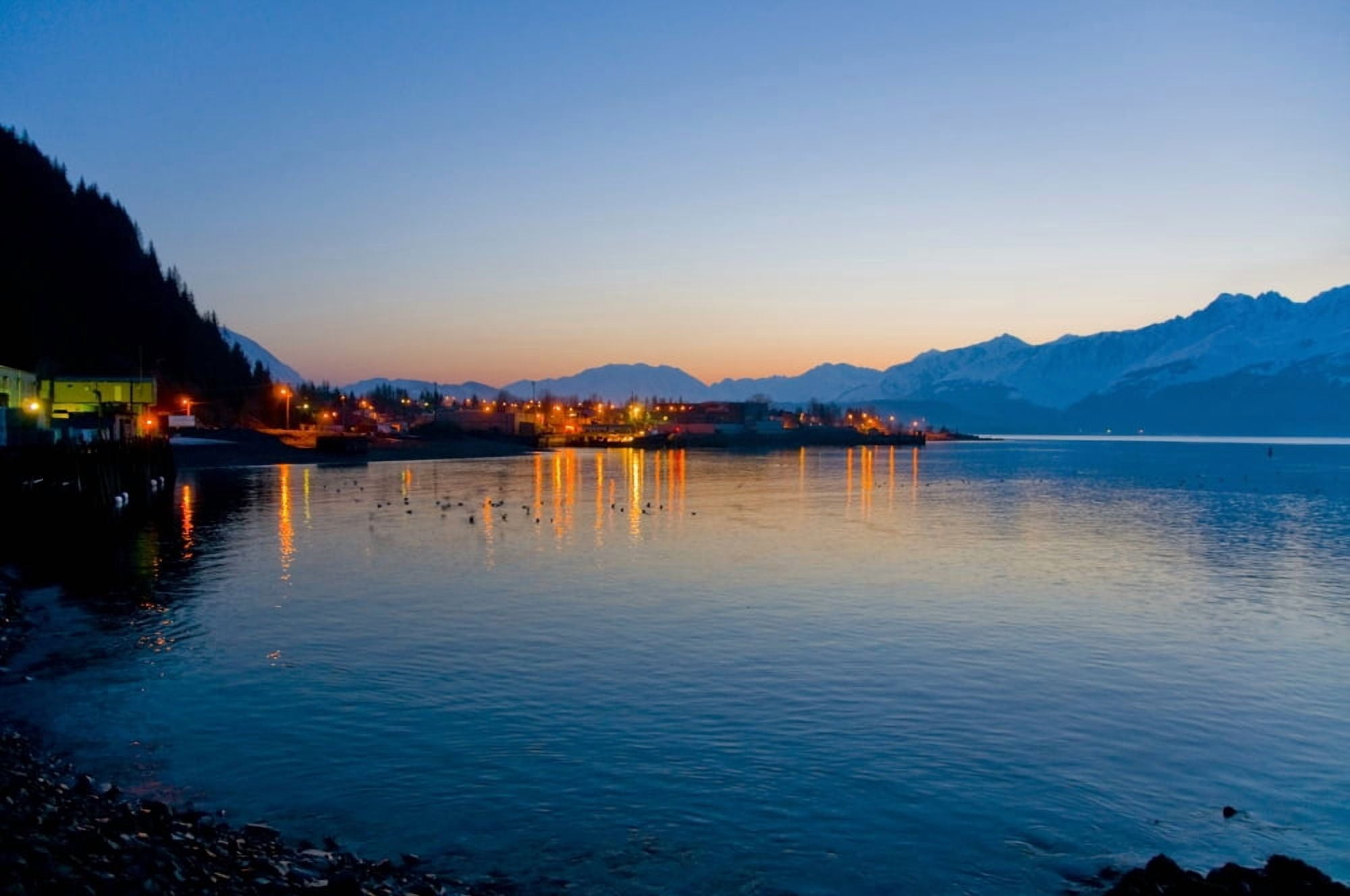 Sunrise Over The Lights Of Seward Alaska And Resurrection Bay With The Kenai Mountains In The Background On Kenai Peninsula In Southcentral Alaska Canvas Art - Bill Scott Design Pics (34 x 22)