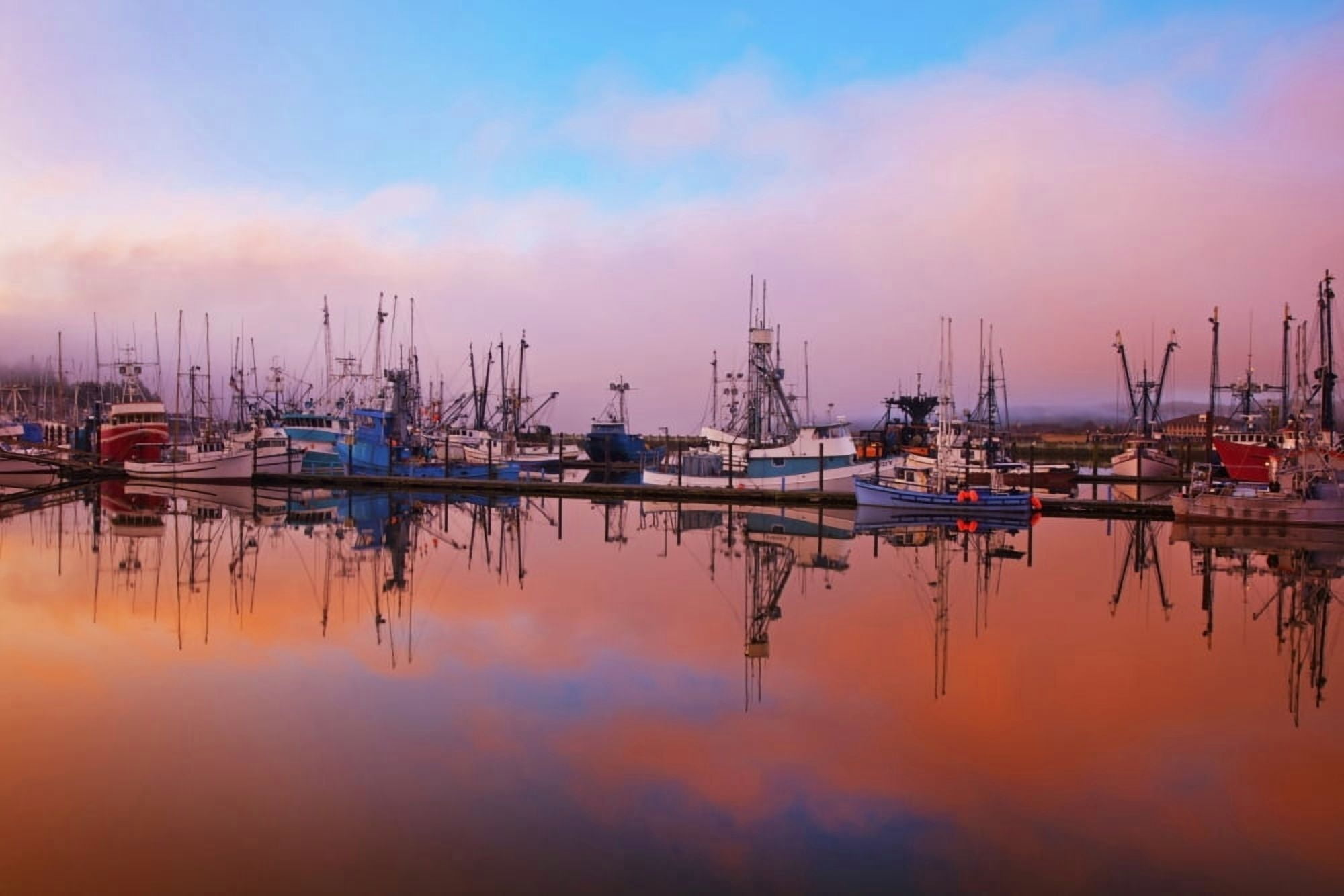 Sunrise Through The Morning Fog And Fishing Boats In Newport Harbor Newport Oregon United States Of America Canvas Art - Craig Tuttle Design Pics (38 x 24)