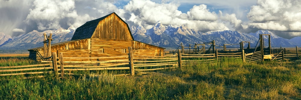 Sunrise over the Moulton Barn along Mormon Row Teton Range Mormon Row Historic District Grand Teton National Park Wyoming USA Canvas Art - Panoramic Images (36 x 12)