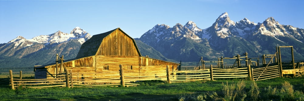 Sunrise over the Moulton Barn along Mormon Row Teton Range Mormon Row Historic District Grand Teton National Park Wyoming USA Canvas Art - Panoramic Images (36 x 12)