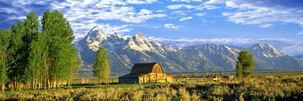 Sunrise over the Moulton Barn along Mormon Row Teton Range Mormon Row Historic District Grand Teton National Park Wyoming USA Canvas Art - Panoramic Images (36 x 12)