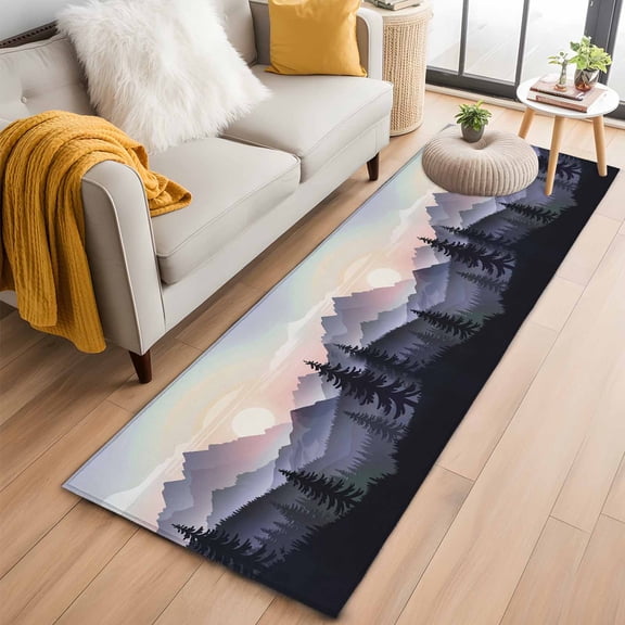 Sunrise Mountain 2'x6' Runner Rug for Hallway Walkway Kitchen Galley, Black Forest Tree Nature Landscape Low Pile Non Slip Long Area Rug, Machine Washable Indoor Outdoor Mat