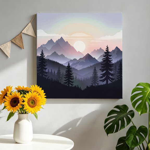 Sunrise Mountain Canvas Wall Art, Black Forest Tree Nature Landscape Pictures Wall Decor Wooden Framed Artwork Art Prints for Living Room Hallway Bedroom Office 16"x16"