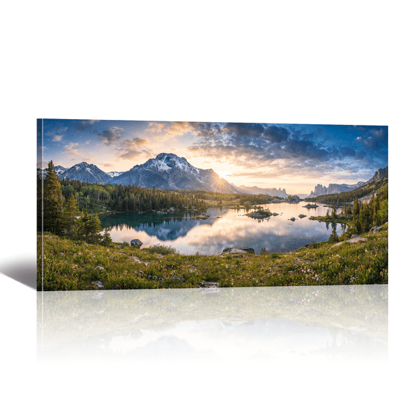 Sunrise Mountain Canvas Wall Art with Forest and Lake Picture Print, Nature Scene Landscape Artwork Modern Paintings for Living Room Bedroom Home Office Decor