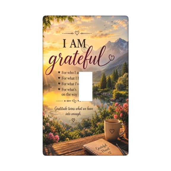 Sunrise Mountain Floral Lake Gratitude Quote Single Toggle Light Switch Plate, 1 Gang Outlet Cover