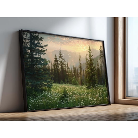 Sunrise Mountain Forest Wildflower Landscape Wall Art, Unframed Paper Print Size 24x36