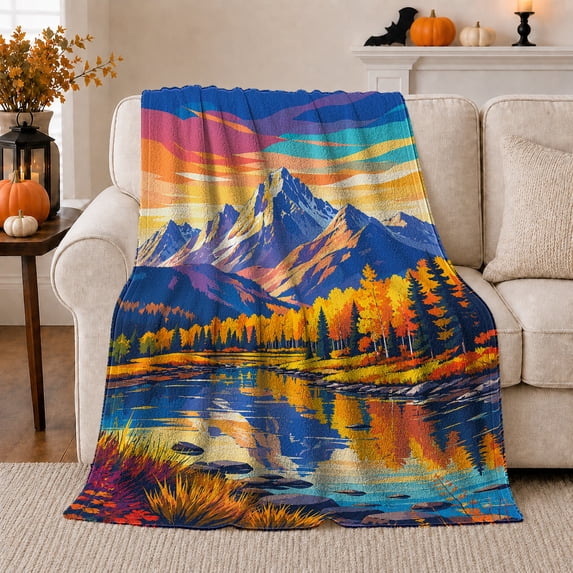 Sunrise Over Mountain Lake Autumn Foliage Reflections Scenic, Peaceful Mountain Lake Scene, Warm Flannel Blanket for Cabin and Lodge, Outdoor Lovers Thanksgiving Gift, Artistic Home Decor
