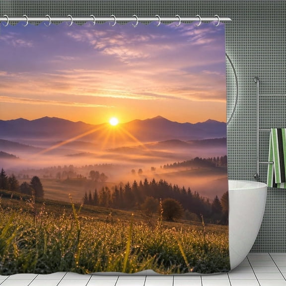 Sunrise Mountain Meadow Fog Nature Landscape Print Shower Curtain,Modern Fabric Waterproof Shower Curtain Set with Hooks,70.870.8Inch