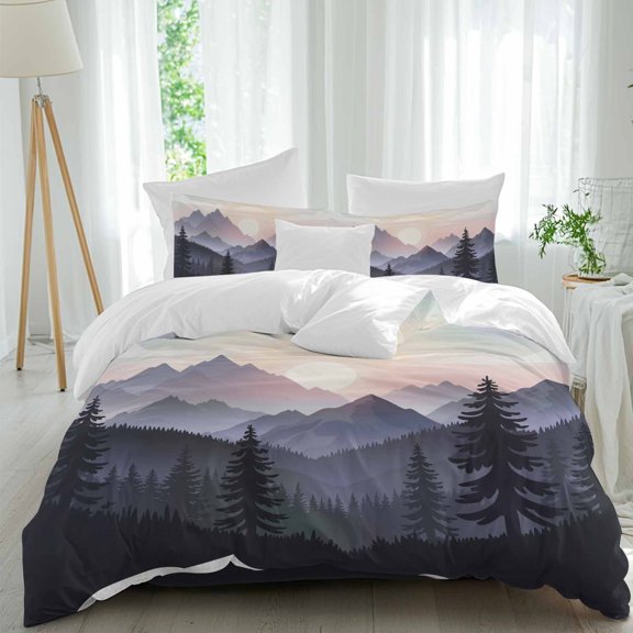 Sunrise Mountain Queen Size Comforter Set, Black Forest Tree Nature Landscape Bedding for All Seasons, 4 Pcs Bed Set, 1Quiltcover (90"x92") ,1Sheet(94"x116"), 2Pillowcases (30"x20")