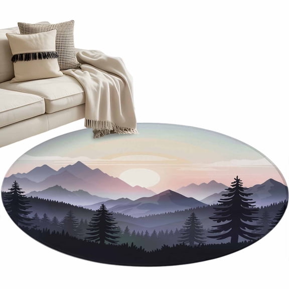 Sunrise Mountain Round Area Rug 3.3ft Black Forest Tree Nature Landscape Non-Slip Washable Circle Rugs Soft Felt Indoor Floor Mat for Bedroom Kitchen Living Room Bathroom