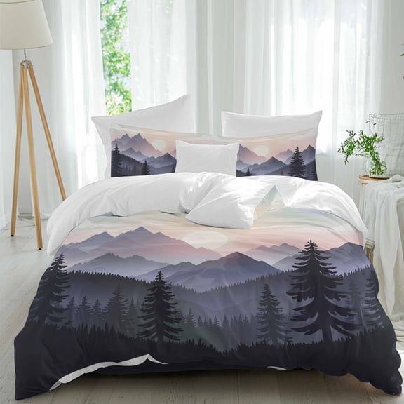 Sunrise Mountain Twin Size Comforter Set, Black Forest Tree Nature Landscape Bedding for All Seasons, 4 Pcs Bed Set, 1 Quiltcover (68"x86") ,1Sheet(67"x116"), 2Pillowcases (30"x20")