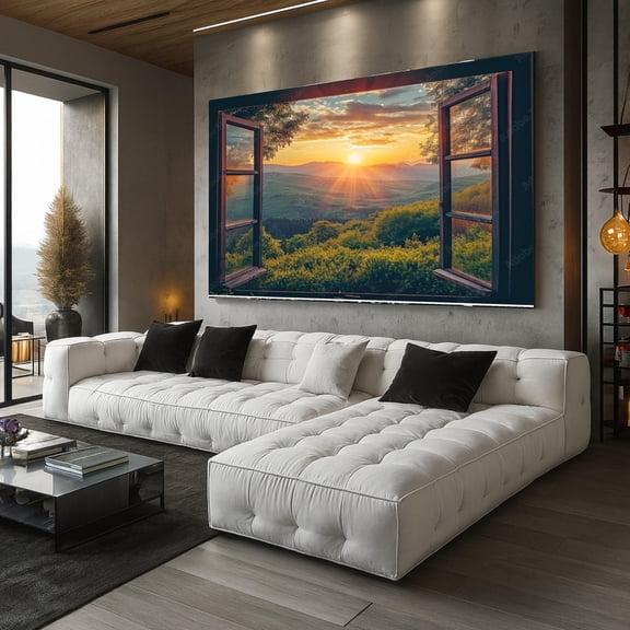 Sunrise Mountain View Open Window Wall Art Nature Landscape Poster Scenic Forest Decor Sun Rays For Home , Poster Print Only