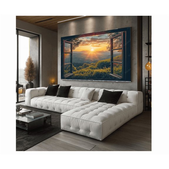Sunrise Mountain View Open Window Wall Art Nature Landscape Poster Scenic Forest Decor Sun Rays For Home