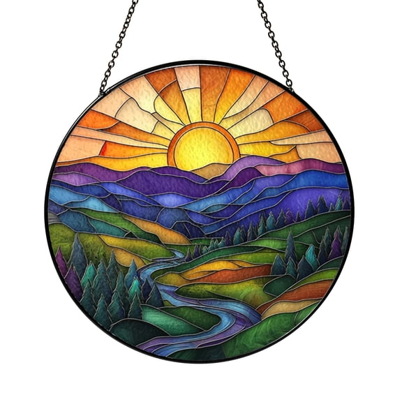 Sunrise Mountain Window Art Stained Glass Style