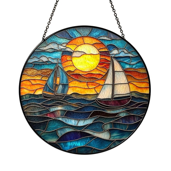 Sunrise Ocean Sailboats Stained Glass Suncatcher Window Hanging Coastal Morning Home Decor Nautical Art Gift