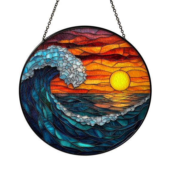Sunrise Ocean Wave Window Sun Catcher, Bright Stained Glass Style Hanging Decor, Coastal Gift