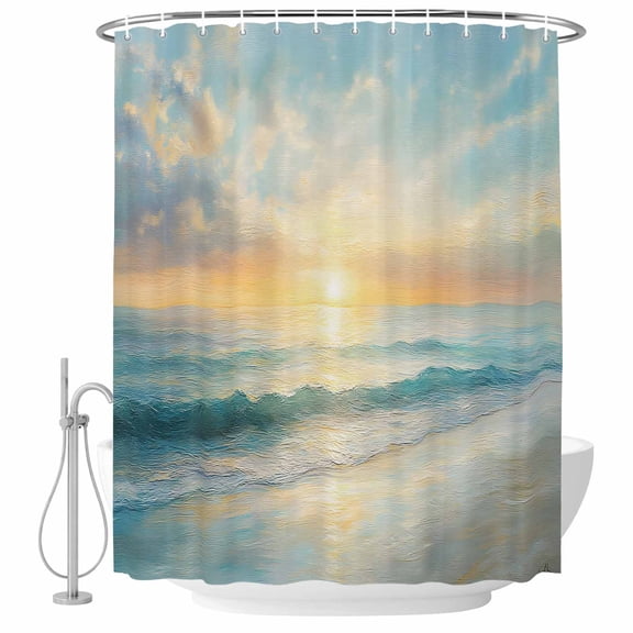 Sunrise Oil Painting Fabric Shower Curtain Ocean Washable Shower Curtains for Bathroom, Waterproof Bath Curtain with Hooks Home Decor 36x72in