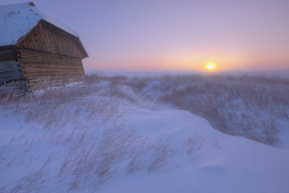 Sunrise On Abandoned Snow-Covered Homestead -40 Celsius Alberta Prairie Canvas Art - Dan Jurak Design Pics (17 x 11)