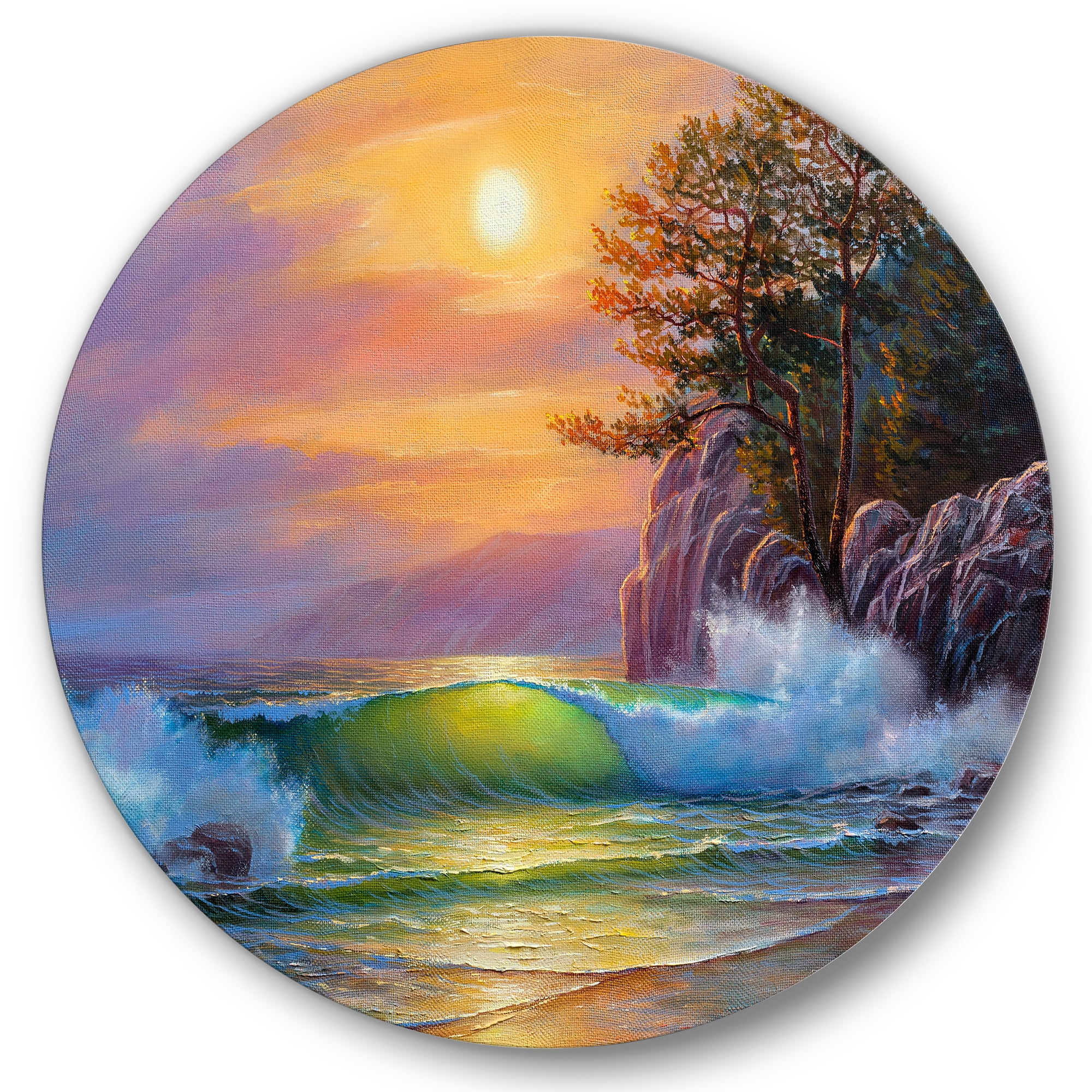 Sunrise On Sea Waves By The Pine Trees 11 in x 11 in Painting Art Prints, by Designart
